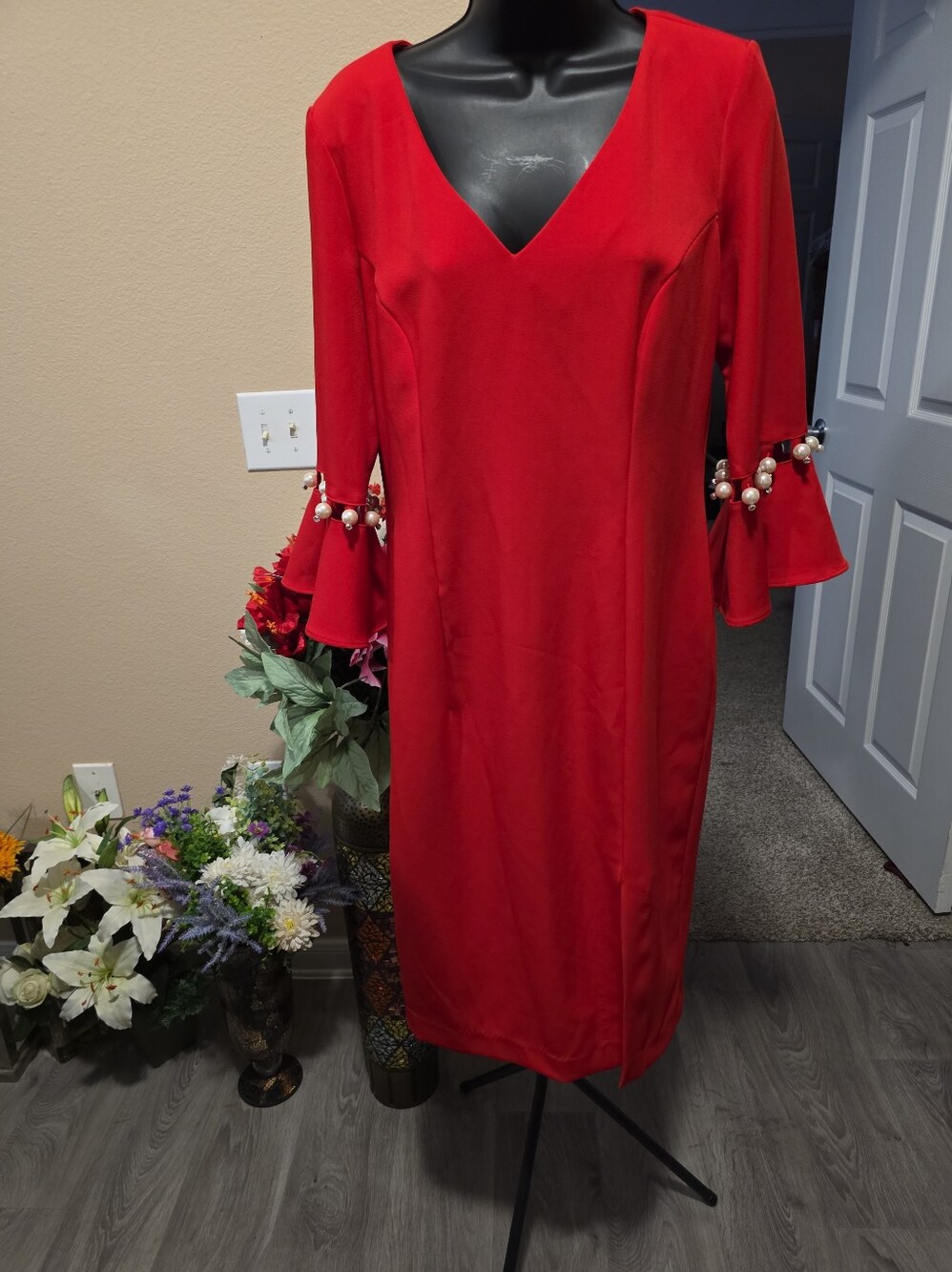 Alberto Makali Red V-Neck Long Sleeve Dress with Pearl-Trimmed Bell Sleeves